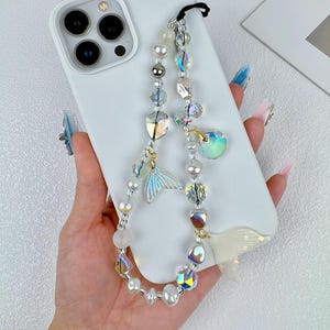 Colgante de sirena para teléfono, cadena para teléfono con forma de cola de pez, correa para teléfono con perlas de cristal