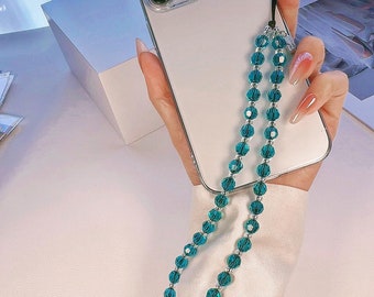 Swarovski Teal crystal phone charm,  Aquamarine wrist phone strap, Elegant round crystal phone lanyard, Peacock blue Phone lanyard, gift