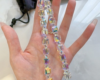 Swarovski Aurora 10mm Cube Crystal Phone Charm, Chunky Wrist Strap
