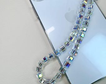 Swarovski Mini 6mm cube aurore boreal crystal phone charm, Classic sparkling phone strap