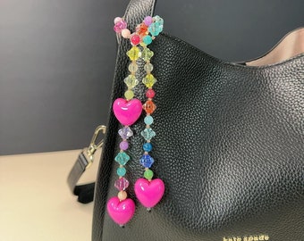 Rainbow retro magenta Heart bag charm, Vintage natural stone Bag Chain, Catch eye beaded bag charm, Colorful Gemstone Heart Mini Bag Charm