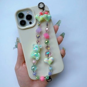 Amuleto para teléfono con forma de oso de caramelo colorido, linda correa para iPhone, cadenas para teléfono con pulsera de arcoíris, cordón para teléfono personalizado con corazones y oso kawaii, hermoso regalo