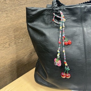 Classic Cherry beaded bag charm, Colorful beads bag charm, Retro Personalized red pink cherry bag chain,  90S fashion bag strap, Unique Gift