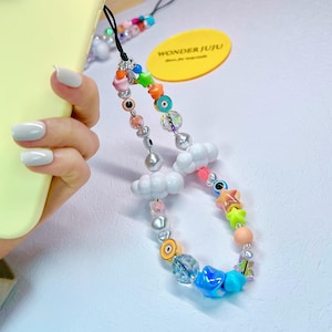 Evil Eye Pearl Cute Phone Charm, Cloud Playful Phone Chain, Adorable stars and Evil Eye phone lanyard, Lucky Amulet phone charm, Unique gift