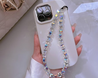 Swarovski Aurora 8mm Cube Crystal Phone Charm, Beaded Wrist Strap