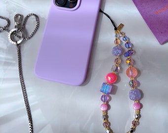 Correa para teléfono con dije de cristal rosa, cadena para celular linda estilo Y2K, correa para teléfono de muñeca, cordón para teléfono morado y azul, correa para teléfono kawaii, regalo para ella.