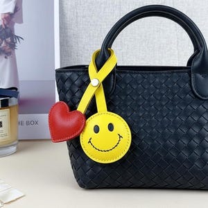 Retro Leather Bag Charm: Red Heart & Smiley Face Snap Button