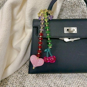 Classic crystal bag charm gift, Cherry bag chain, Heart and cherry purse charm, Dazzling crystal rainbow bag charm， Cute sparkling bag charm