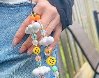 Colorful candy clouds phone charm strap, Cute smile face wrist phone lanyard, Candy bead phone strap, bag/camera charm, Playful phone charm