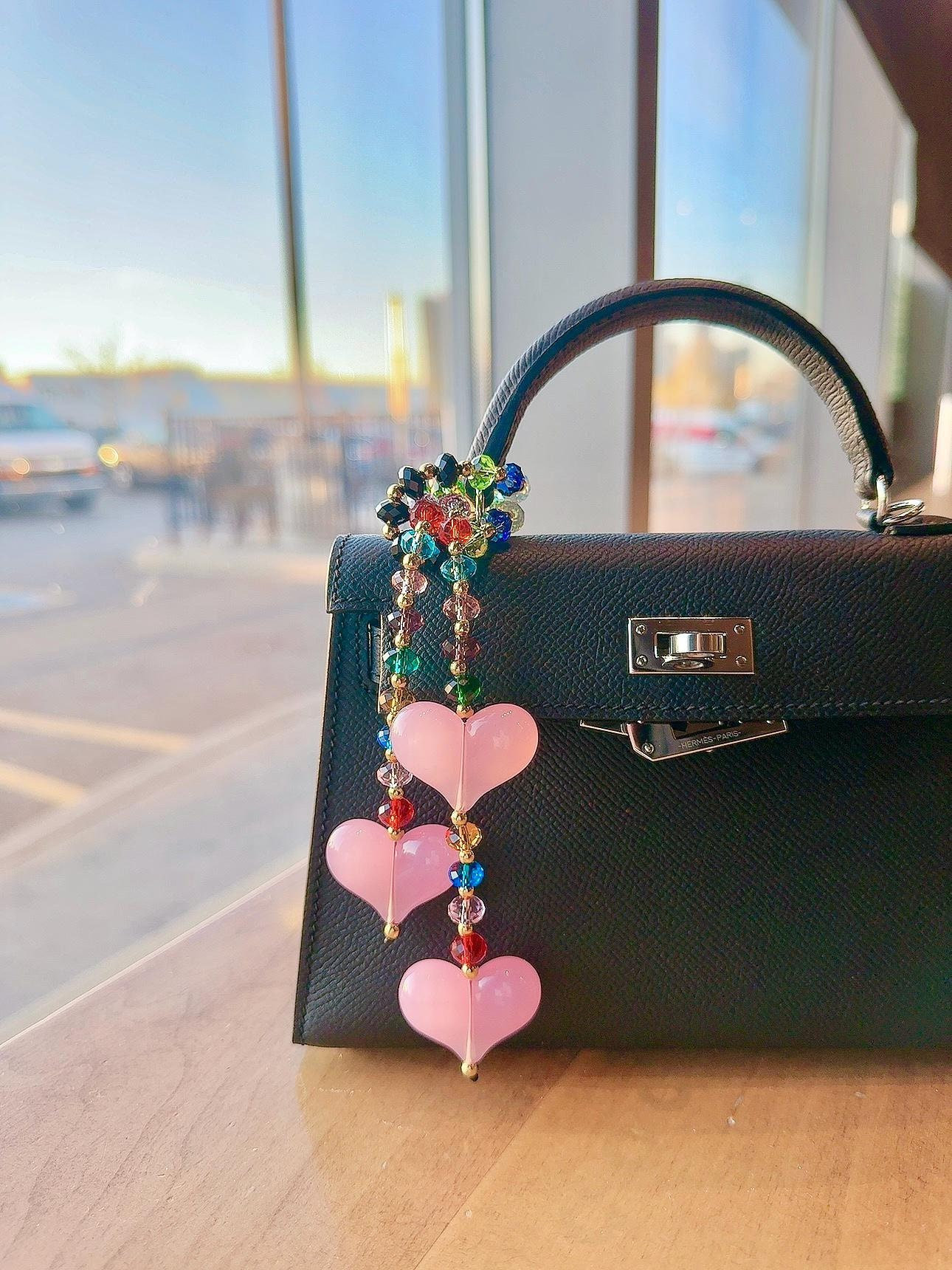Iridescent Crystal Bag Charm, Pink and Blue Hearts Bag 