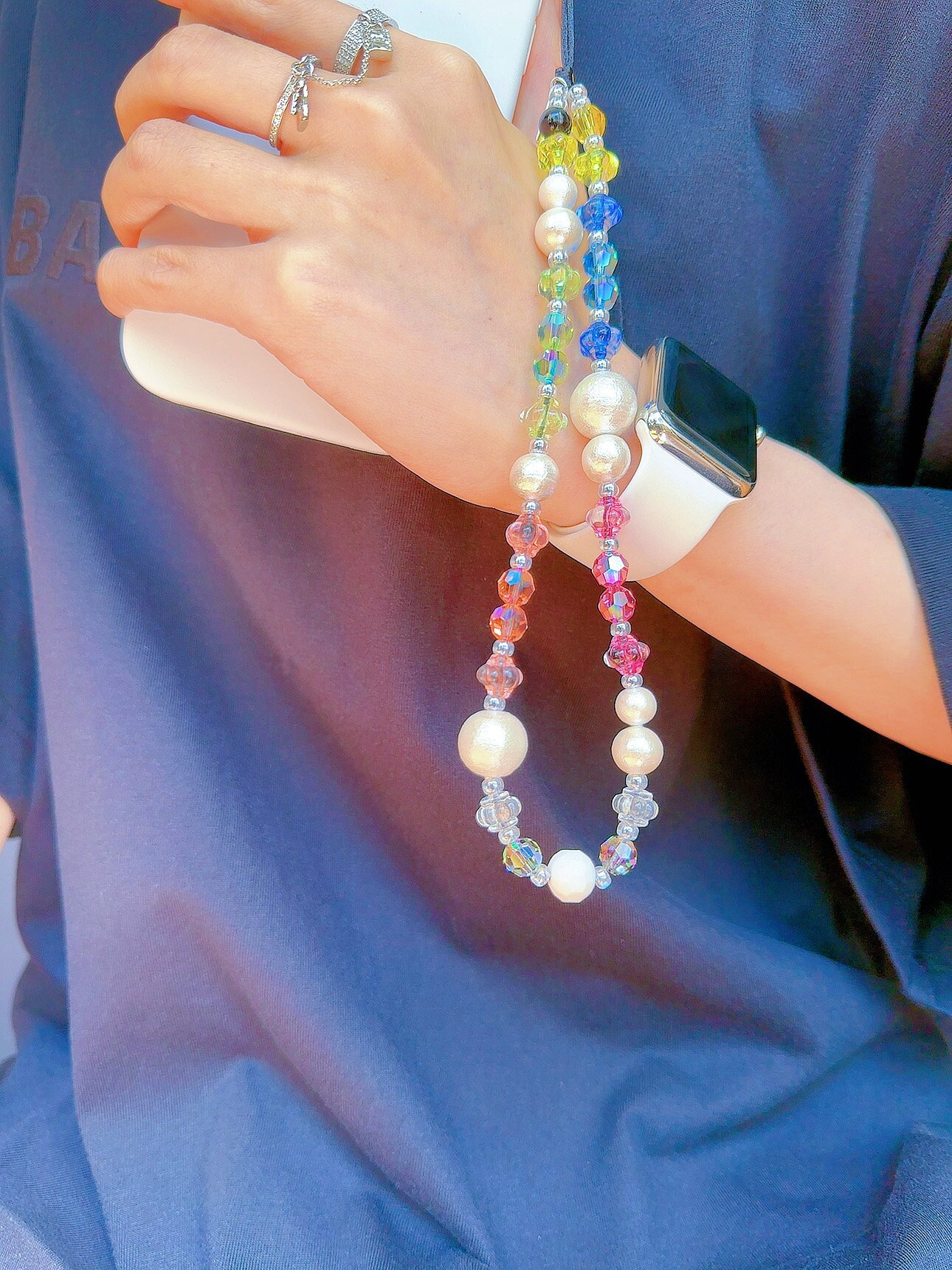 Swarovski Colorful Crystal Phone Charm, Japanese Cotton Pearls