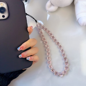 Premium baby pink crystal phone charm, Cubed glass crystal wristlet phone strap/chain, Y2K 90S luxury phone lanyard, Gemstone phone charm