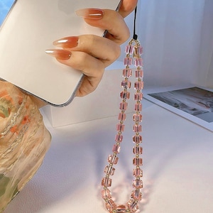 Breloque pour téléphone haut de gamme en cristal cube rose rouge, Bracelet/chaîne pour téléphone en cristal rose corail, Lanière pour téléphone en verre élégance classique, Cadeau unique