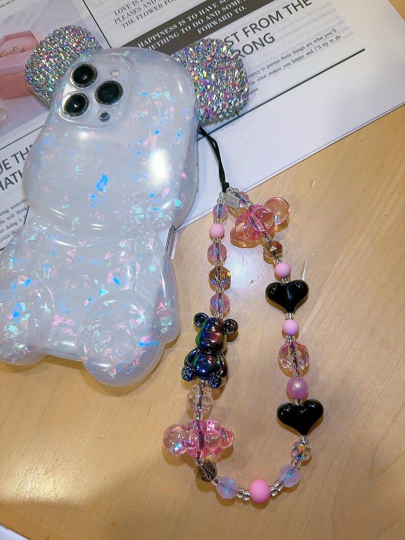 Bear Cloud Crystal Phone Charm, Heart Bear Wristlet Phone Strap, Teddy bear phone lanyard, Sparkling Colorful bear phone chain, Unique Gift image 3
