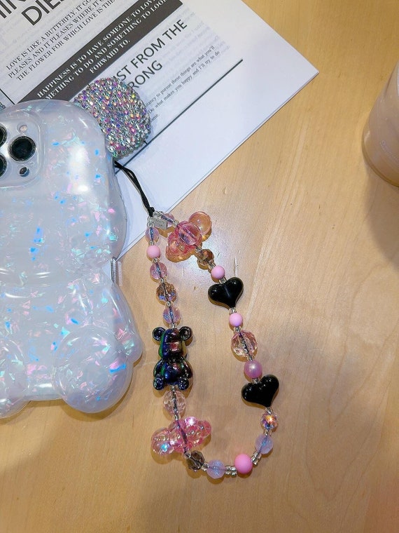Bear Cloud Crystal Phone Charm, Heart Bear Wristlet Phone Strap, Teddy bear phone lanyard, Sparkling Colorful bear phone chain,  Unique Gift