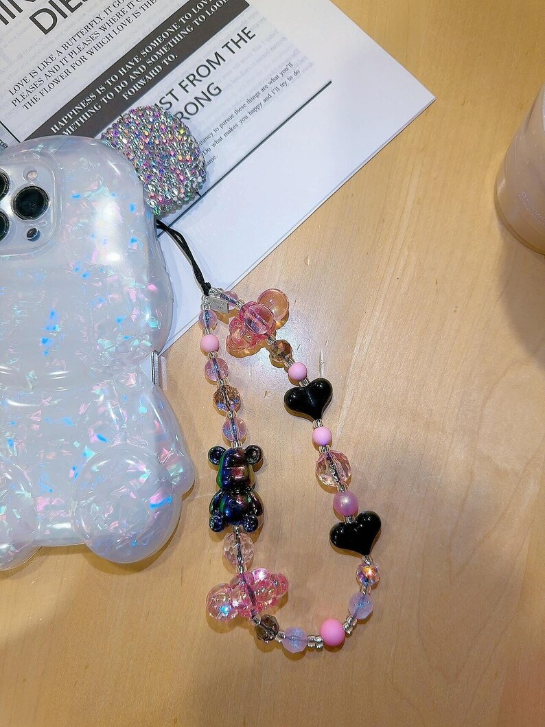 Bear Cloud Crystal Phone Charm, Heart Bear Wristlet Phone Strap, Teddy bear phone lanyard, Sparkling Colorful bear phone chain, Unique Gift Black bear