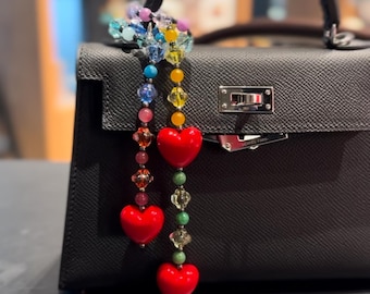 Red Heart Bag Charm: Colorful Natural Stone Beaded Accessory