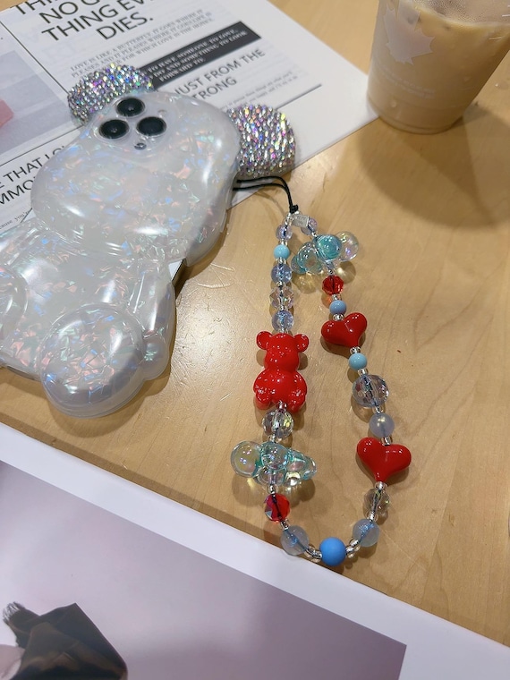 Sparkling Bear Phone Charm, Cloud Heart Teddy Lanyard Strap