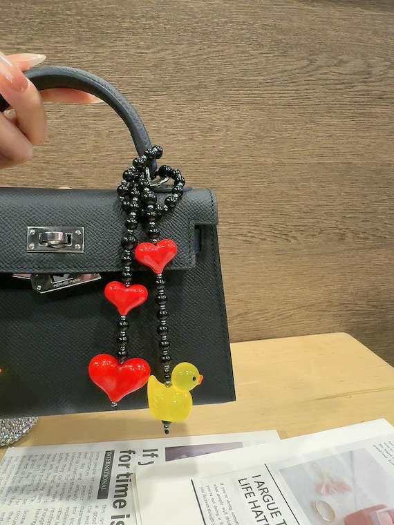 Adorable Rubber duck red hearts bag charm,  Playful duck minimalist black agate stone and bag charm, Big chakra ducky bag charm, Unique gift