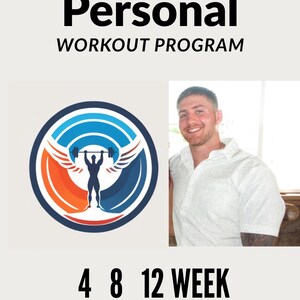Può includere: Immagine che promuove un programma di allenamento personale. Il testo recita "Personal WORKOUT PROGRAM" sopra un logo di un sollevatore di pesi e le parole "4 8 12 WEEK AVAILABLE". Una persona sorridente è a destra del logo.