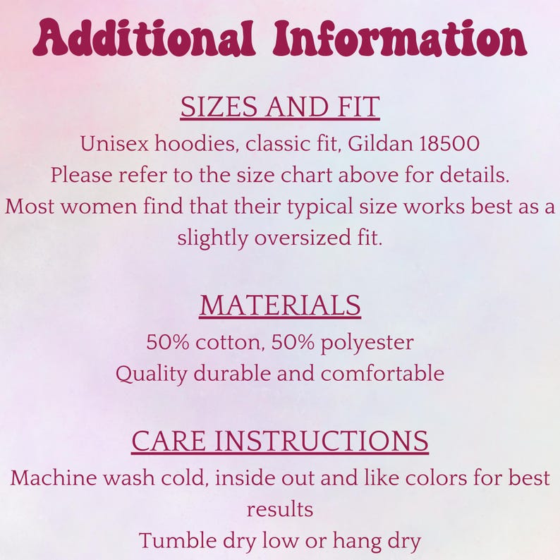 K&ouml;nnte beinhalten: Zus&auml;tzliche Informationen zu Unisex-Hoodies, einschlie&szlig;lich Gr&ouml;&szlig;e und Passform, Materialien und Pflegehinweisen. Die Hoodies haben eine klassische Passform und bestehen aus 50 % Baumwolle und 50 % Polyester. Sie sind maschinenwaschbar und k&ouml;nnen im Trockner getrocknet werden.
