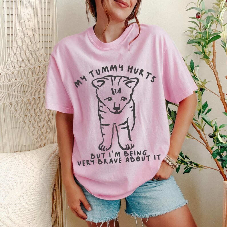 Puede incluir: Camiseta rosa claro con el texto "MY TUMMY HURTS" y una ilustraci&oacute;n negra de un gato. Debajo, el texto dice "BUT I'M BEING VERY BRAVE ABOUT IT". La camiseta es de estilo casual.