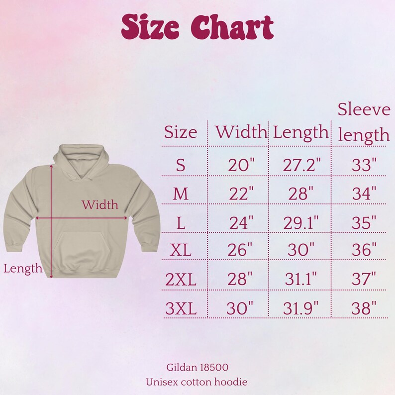 May include: Size chart for a unisex cotton hoodie, showing measurements in inches for width, length, and sleeve length for sizes S through 3XL. Gildan 18500.