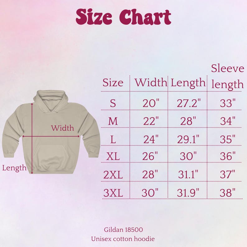 K&ouml;nnte beinhalten: Gr&ouml;&szlig;entabelle f&uuml;r ein Unisex-Baumwoll-Hoodie, mit Ma&szlig;en in Zoll f&uuml;r Breite, L&auml;nge und &Auml;rmell&auml;nge f&uuml;r die Gr&ouml;&szlig;en S bis 3XL. Gildan 18500.