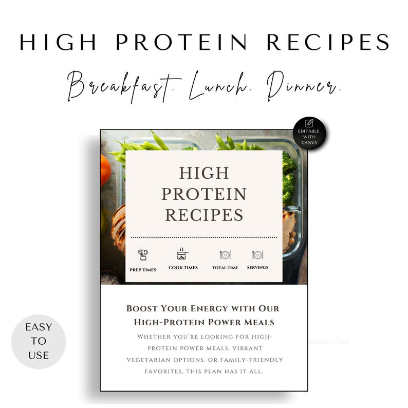 Pode incluir: Um guia de receitas imprim&iacute;vel com fundo branco e texto preto. O t&iacute;tulo &eacute; "High Protein Recipes" e o subt&iacute;tulo &eacute; "Breakfast. Lunch. Dinner." O guia inclui uma se&ccedil;&atilde;o para os tempos de prepara&ccedil;&atilde;o, os tempos de cozimento, o tempo total e as por&ccedil;&otilde;es. O guia tamb&eacute;m inclui uma se&ccedil;&atilde;o sobre como aumentar sua energia com refei&ccedil;&otilde;es ricas em prote&iacute;nas.