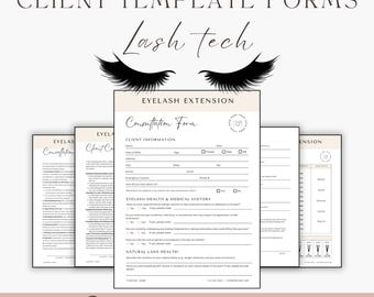 May include: Printable eyelash extension consultation form template with a black and white illustration of eyelashes. The form includes sections for client information, eyelash health and medical history, and natural lash health.