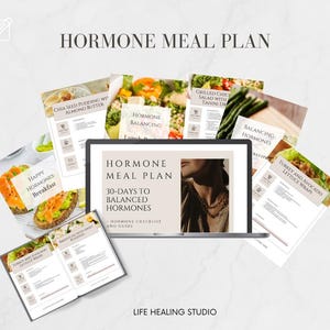 May include: A digital product mockup featuring a laptop screen displaying a 30-day hormone meal plan. The laptop is surrounded by various printed pages with recipes for healthy meals, including chia seed pudding, grilled chicken salad, and turkey and avocado lettuce wraps. The text on the laptop screen reads "Hormone Meal Plan 30-Days to Balanced Hormones".
