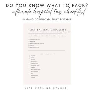 May include: A printable checklist for packing a hospital bag for a new baby. The checklist is divided into two sections: General Things to Remember and Baby Bag List. The checklist includes items such as insurance card, birth plan, breastfeeding pump, car seat, birth affirmations, wet wipes, diapers, pacifiers, swaddle sack, car seat cover, going home outfit, car seat, birth announcement, pretty swaddle, hat, sound machine, and pajamas.