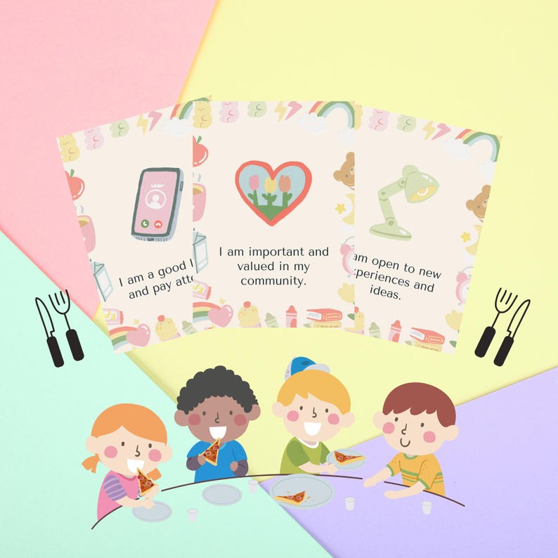 May include: Three colorful affirmation cards with illustrations and text. The cards feature a phone, a heart with flowers, and a lamp. The text on the cards reads: "I am a good I and pay atte", "I am important and valued in my community", and "am open to new periences and ideas".