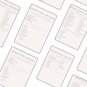 May include: A printable checklist for packing a hospital bag for a new parent. The checklist is divided into sections for Mom's bag, Dad's bag, and a baby bag. The checklist includes items such as toiletries, clothing, and other essentials.