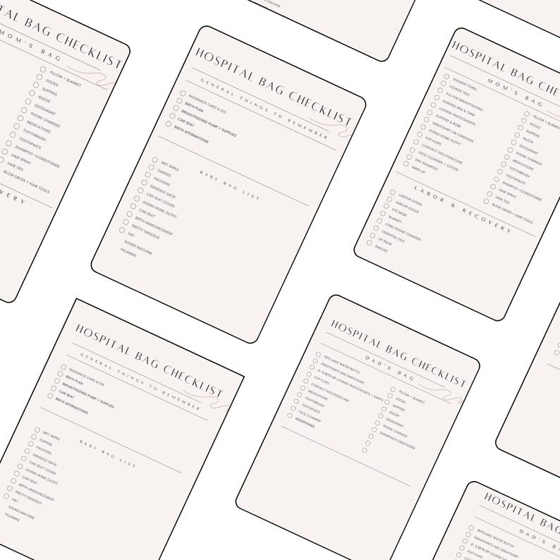 May include: A printable checklist for packing a hospital bag for a new parent. The checklist is divided into sections for Mom's bag, Dad's bag, and a baby bag. The checklist includes items such as toiletries, clothing, and other essentials.