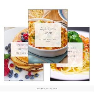 Pode incluir: Tr&ecirc;s imagens de diferentes refei&ccedil;&otilde;es com sobreposi&ccedil;&otilde;es de texto. A primeira imagem mostra uma pilha de panquecas com mirtilos e morangos. A sobreposi&ccedil;&atilde;o de texto diz "PROTEIN RECIPE BREAKFA". A segunda imagem mostra um prato de forno com uma cobertura de queijo. A sobreposi&ccedil;&atilde;o de texto diz "High Protein Lunch GET THE BOOST YOU NEED". A terceira imagem mostra um prato de espaguete com molho de tomate e manjeric&atilde;o. A sobreposi&ccedil;&atilde;o de texto diz "OTEIN WARD NNER".