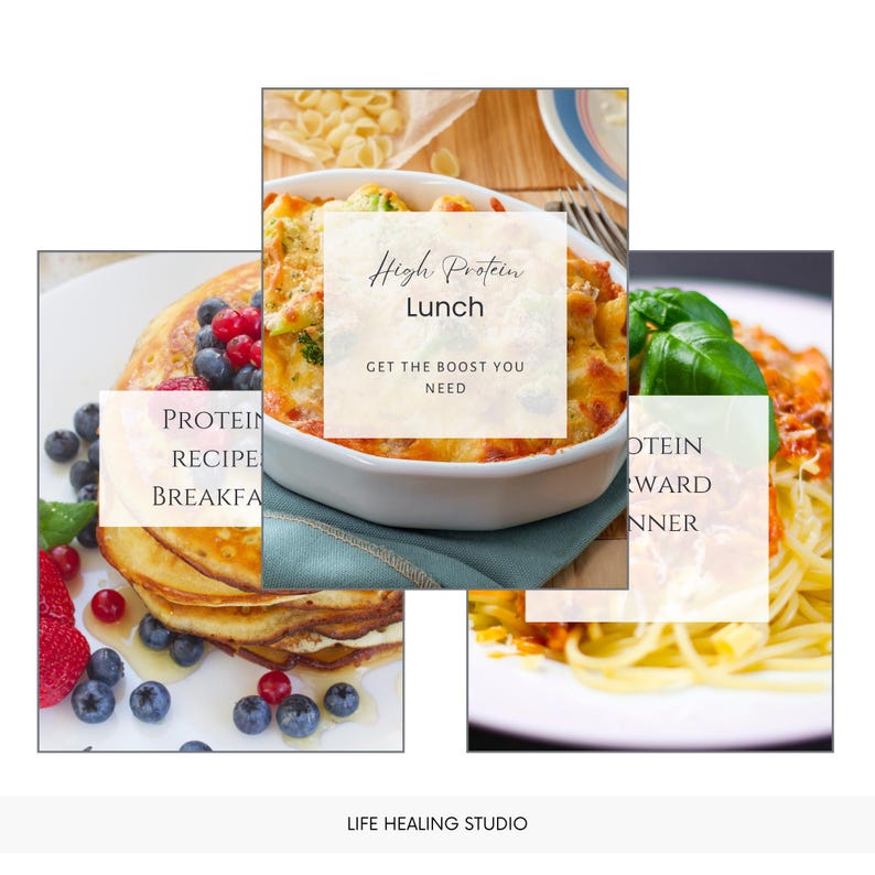 Pode incluir: Tr&ecirc;s imagens de diferentes refei&ccedil;&otilde;es com sobreposi&ccedil;&otilde;es de texto. A primeira imagem mostra uma pilha de panquecas com mirtilos e morangos. A sobreposi&ccedil;&atilde;o de texto diz "PROTEIN RECIPE BREAKFA". A segunda imagem mostra um prato de forno com uma cobertura de queijo. A sobreposi&ccedil;&atilde;o de texto diz "High Protein Lunch GET THE BOOST YOU NEED". A terceira imagem mostra um prato de espaguete com molho de tomate e manjeric&atilde;o. A sobreposi&ccedil;&atilde;o de texto diz "OTEIN WARD NNER".