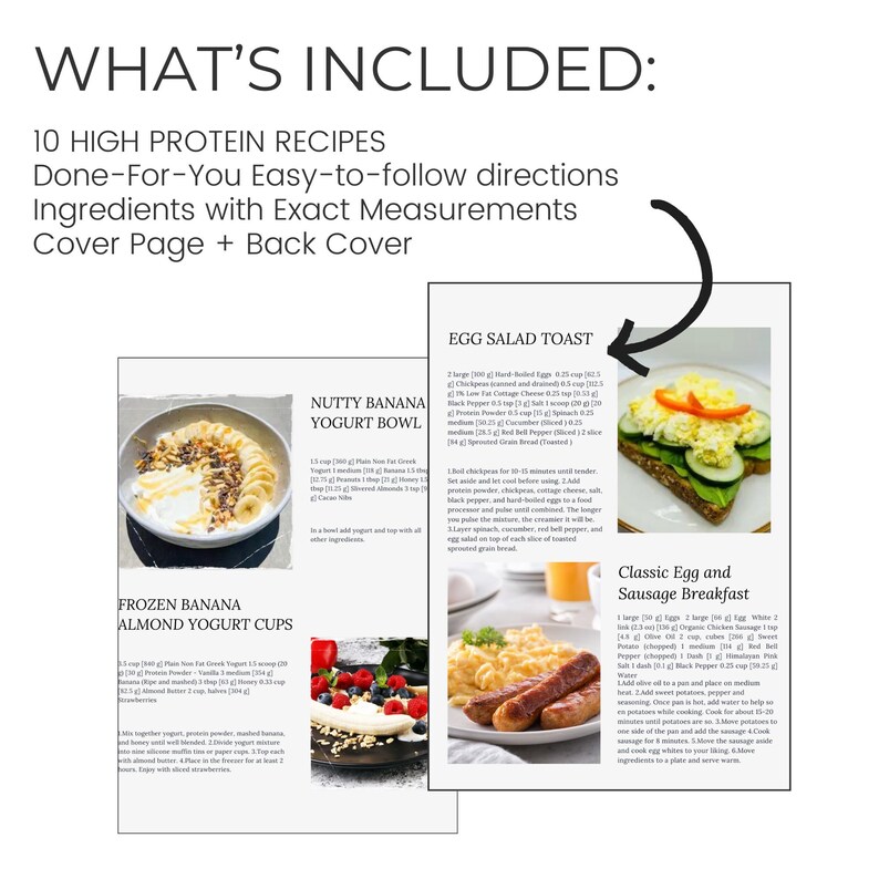 May include: A cookbook page featuring high-protein recipes. The page displays images of dishes such as egg salad toast, a nutty banana yogurt bowl, and classic egg and sausage breakfast. The text provides precise measurements and straightforward instructions.