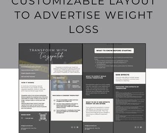 May include: A customizable layout for advertising weight loss with Tirzepatide. The layout includes information about how Tirzepatide works, its benefits, who should consider it, what to expect while taking it, side effects, and how to manage them. It also includes a call to action to book now.