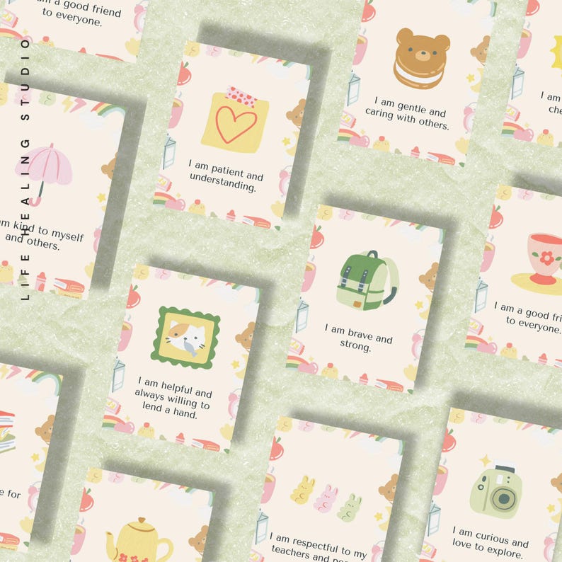 May include: A set of affirmation cards with colorful illustrations and positive messages. The cards feature a variety of themes, including kindness, bravery, and curiosity. Each card has a different illustration and a short affirmation.