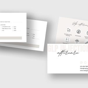 May include: A white card with the text "GLP INJECTION aftercare" and a phone number and website address. The card also has a list of icons representing aftercare instructions.