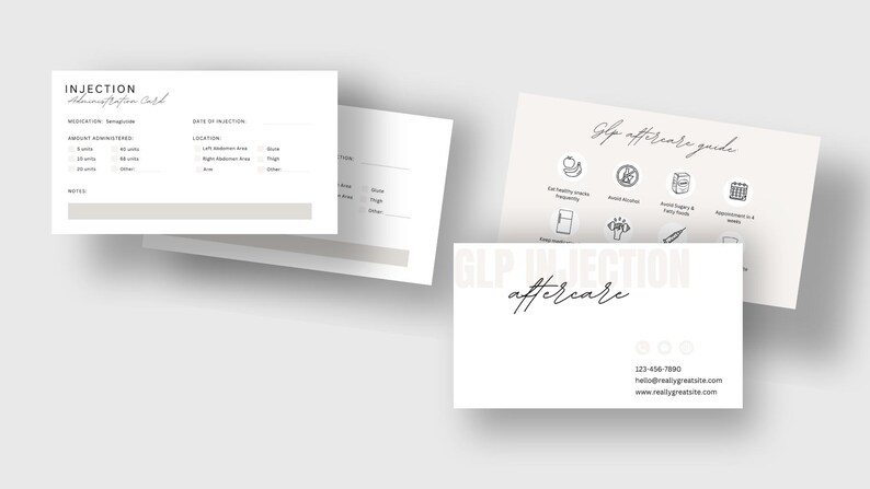 May include: A white card with the text "GLP INJECTION aftercare" and a phone number and website address. The card also has a list of icons representing aftercare instructions.