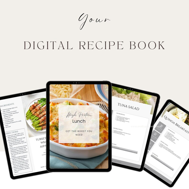 Pode incluir: Um livro de receitas digital com tr&ecirc;s receitas diferentes exibidas em telas de tablet. As receitas s&atilde;o para um almo&ccedil;o rico em prote&iacute;nas, salada de atum e caf&eacute; da manh&atilde; de quinoa. As receitas s&atilde;o exibidas em um fundo branco.