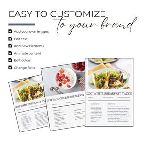 May include: An image promoting customisation, with the text "EASY TO CUSTOMIZE to your brand." It shows three recipe cards with food photos, including egg white breakfast tacos and cottage cheese breakfast. The cards list ingredients and directions.