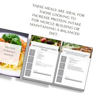 Pode incluir: Tr&ecirc;s cart&otilde;es de receita com fundos cinzentos e texto branco. O primeiro cart&atilde;o mostra uma foto de espaguete com molho marinara e manjeric&atilde;o. O texto no cart&atilde;o diz "Jantar de prote&iacute;na em frente". O segundo cart&atilde;o mostra uma foto de uma salada de farro mediterr&acirc;nea com tomates, azeitonas e queijo feta. O texto no cart&atilde;o diz "Salada de farro mediterr&acirc;nea". O terceiro cart&atilde;o mostra uma foto de peitos de frango com recheio de cenoura e abobrinha. O texto no cart&atilde;o diz "Peitos de frango com recheio de cenoura e abobrinha".