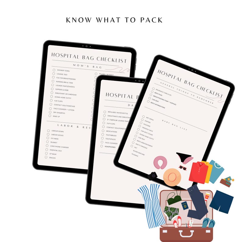 May include: Three printable hospital bag checklists for mom, dad, and baby. The checklists are on black tablets with white text and checkboxes. The checklists are surrounded by a suitcase overflowing with items from the checklists, including clothes, toiletries, and a neck pillow.