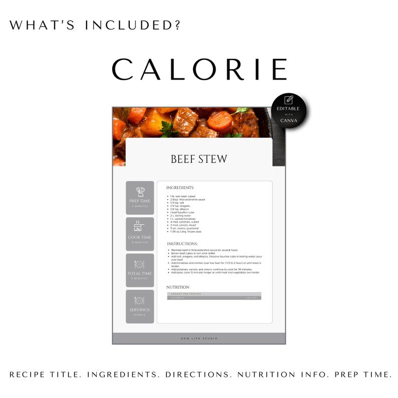 Pode incluir: Um modelo de receita imprim&iacute;vel para ensopado de carne com uma foto do prato no topo. O modelo inclui se&ccedil;&otilde;es para ingredientes, instru&ccedil;&otilde;es, informa&ccedil;&otilde;es nutricionais, tempo de prepara&ccedil;&atilde;o, tempo de cozimento e tempo total. O modelo &eacute; edit&aacute;vel no Canva.