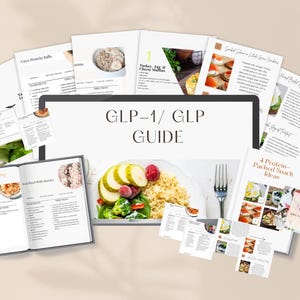 May include: A digital guide for the GLP-1 diet, featuring a variety of recipes and meal ideas. The guide includes a close-up of a plate with quinoa, cucumber, broccoli, and raspberries, as well as other images of food and recipes.