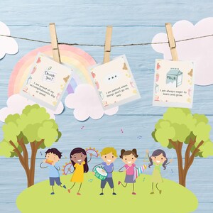 May include: Four children are playing music with colorful instruments. The image includes three cards hanging from clothespins with positive affirmations: "Thank You! I am proud of my accomplishments, big or small", "I am patient when things don't go my way", and "I am always eager to learn and grow."