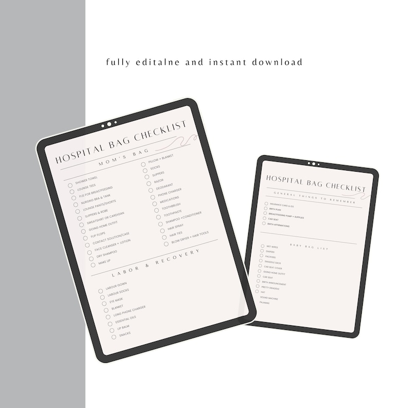 May include: Two printable hospital bag checklists, one for mom's bag and one for general things to remember. Both checklists are on a white background with black text and checkboxes.